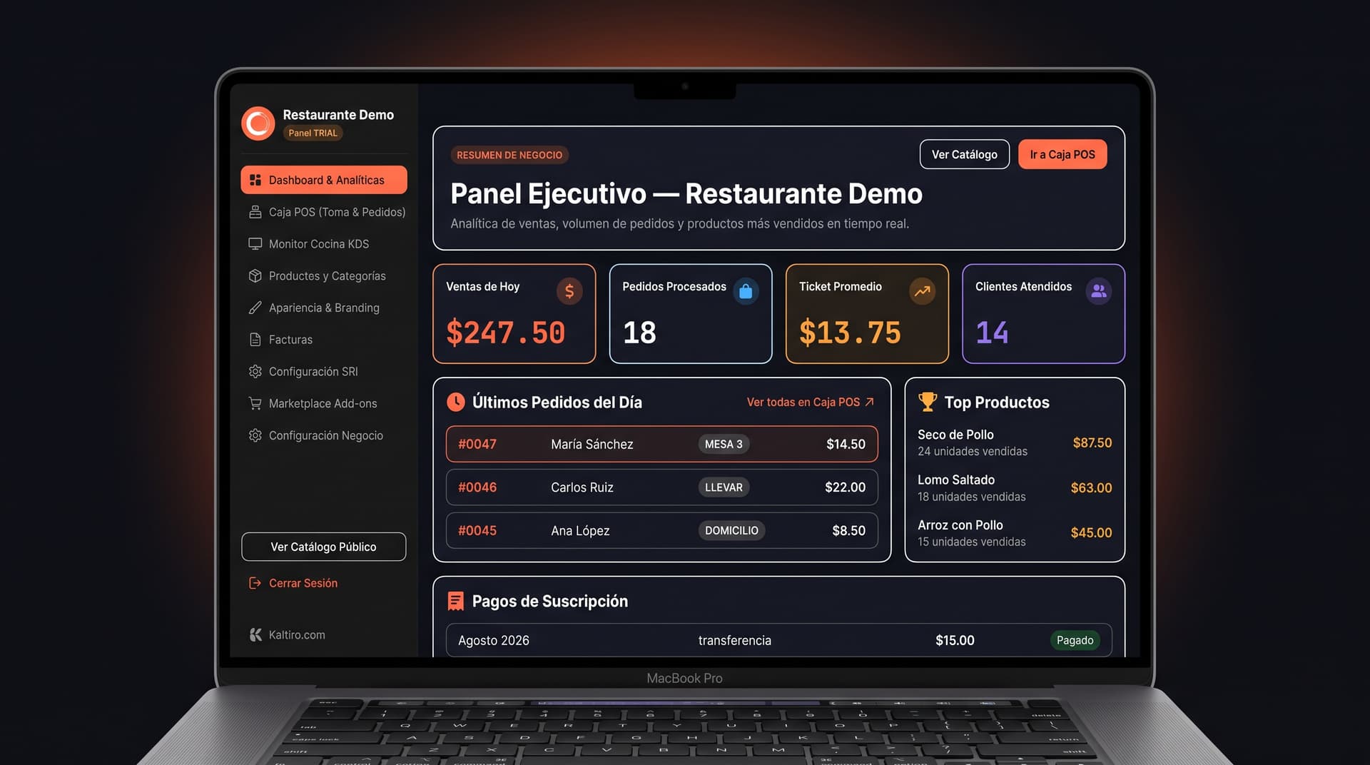 Panel de pedidos en tiempo real de Comanda — vista del negocio